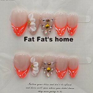 Press On Nails - Coral/Orange with 3D Flower / Size Medium (10 pack)